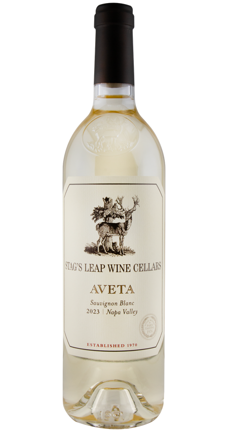 Bottle of Stag's Leap "Aveta" Sauvignon Blanc wine on a white background
