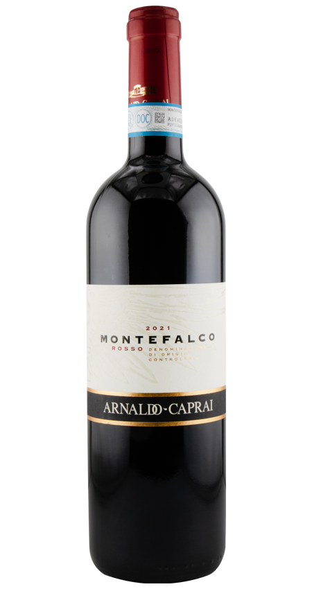 Red wine bottle with Montefalco Arnalid-Caprai label on a white background