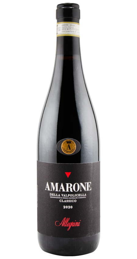 Wine bottle of Amarone della Valpolicella Classico with Allegrini label on a white background