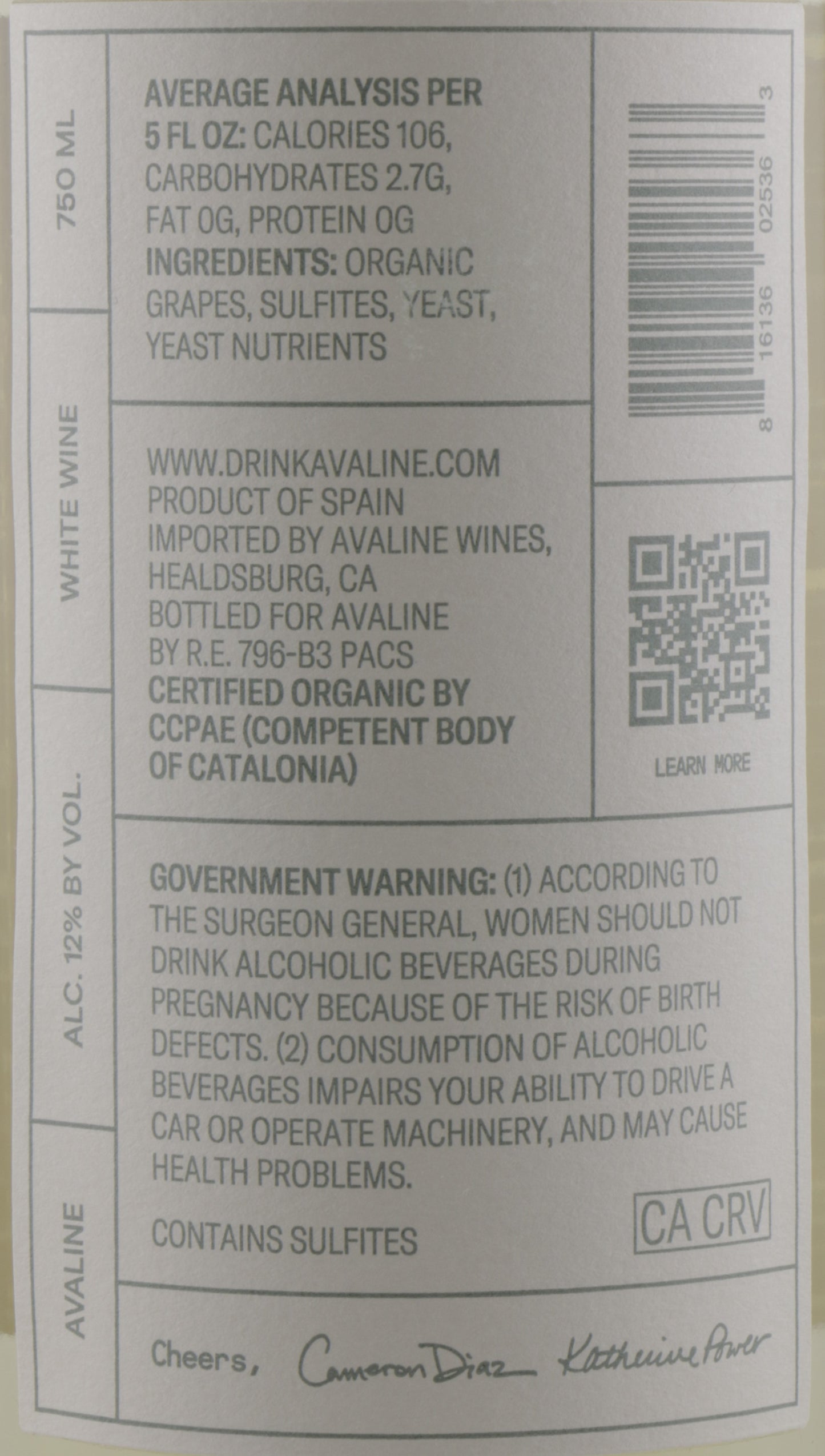 Alcoholic beverage label with text and a QR code on a white background
