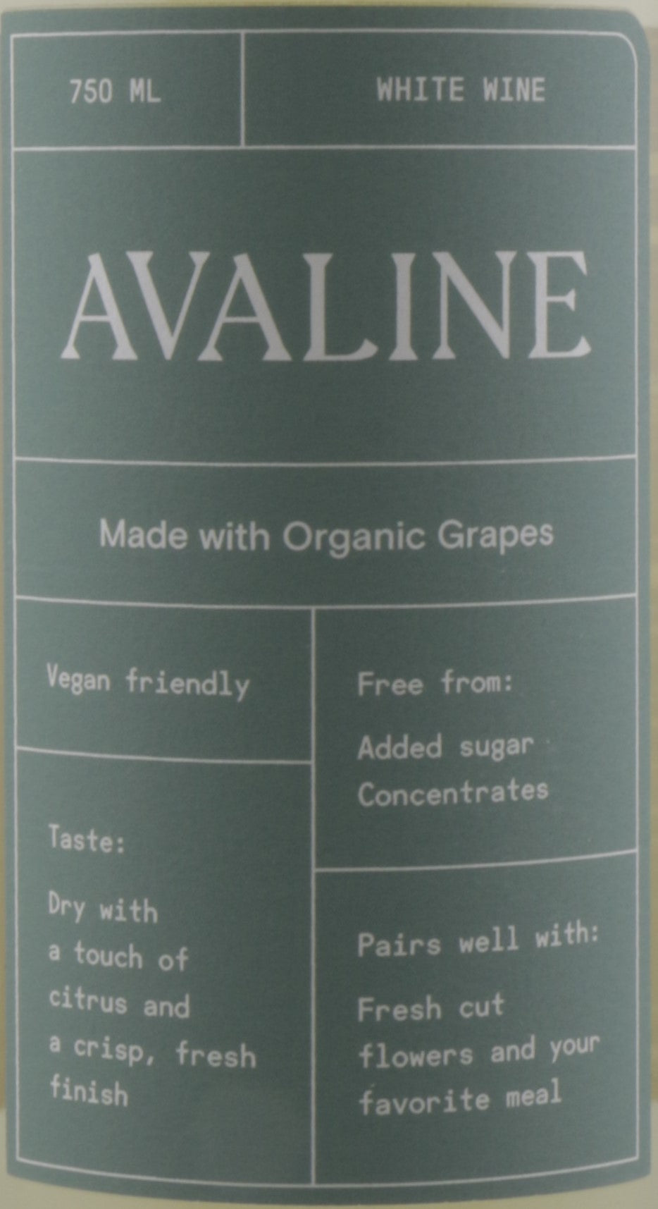Avaline white wine label on a green background