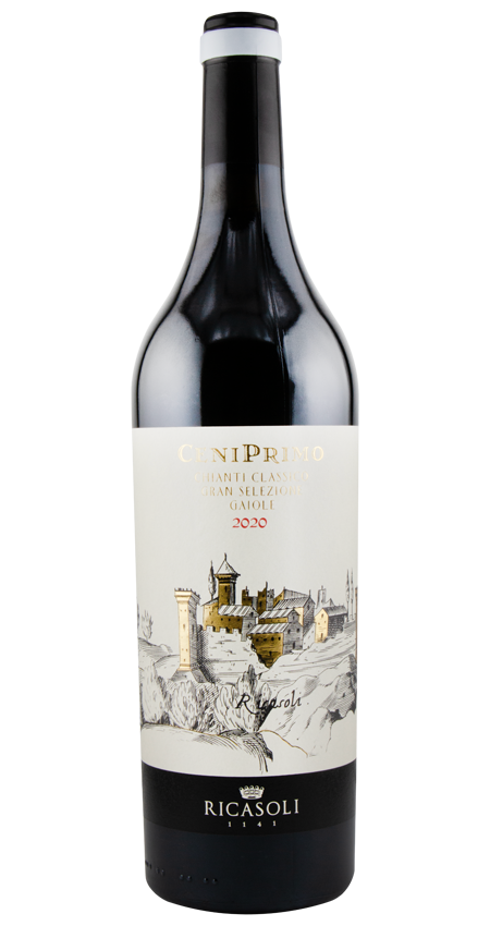 Wine bottle with Ricasoli label on a white background