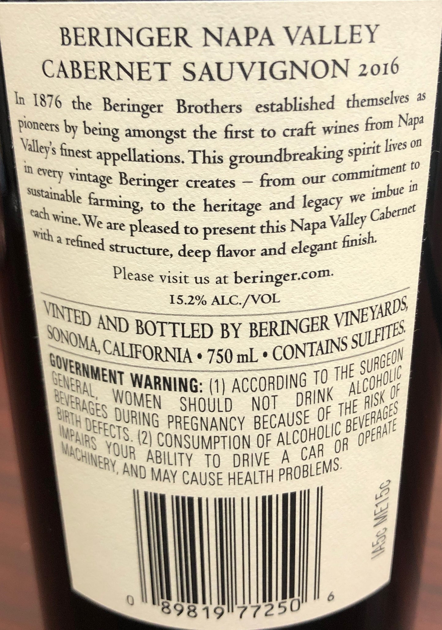Beringer Napa Valley Cabernet Sauvignon White Label 2016 – Classic Napa Elegance in Every Sip