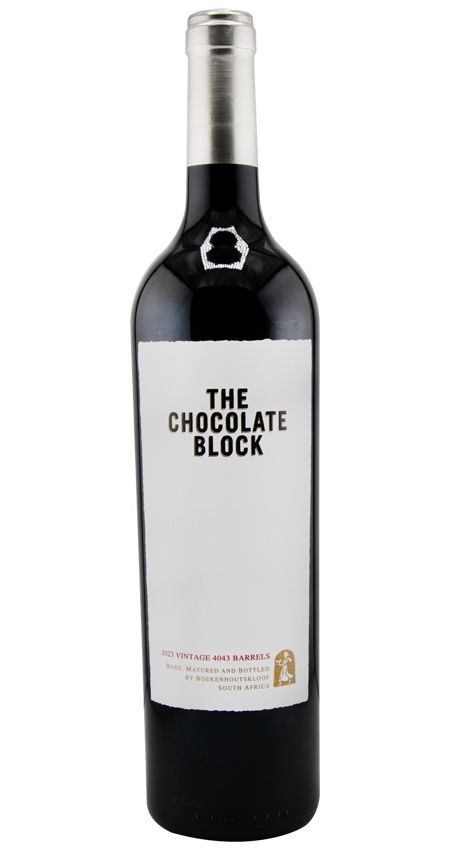 Chocolate Block wine with a white label black letters