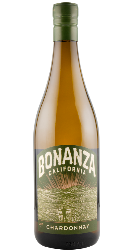 Bottle of Bonanza California Chardonnay wine on a white background