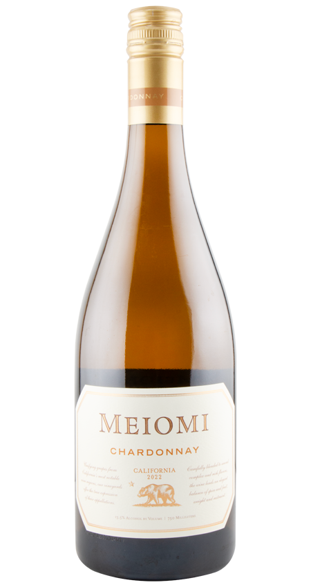 A bottle of Meiomi Chardonnay 2022 white wine with a label indicating it is a product of California.