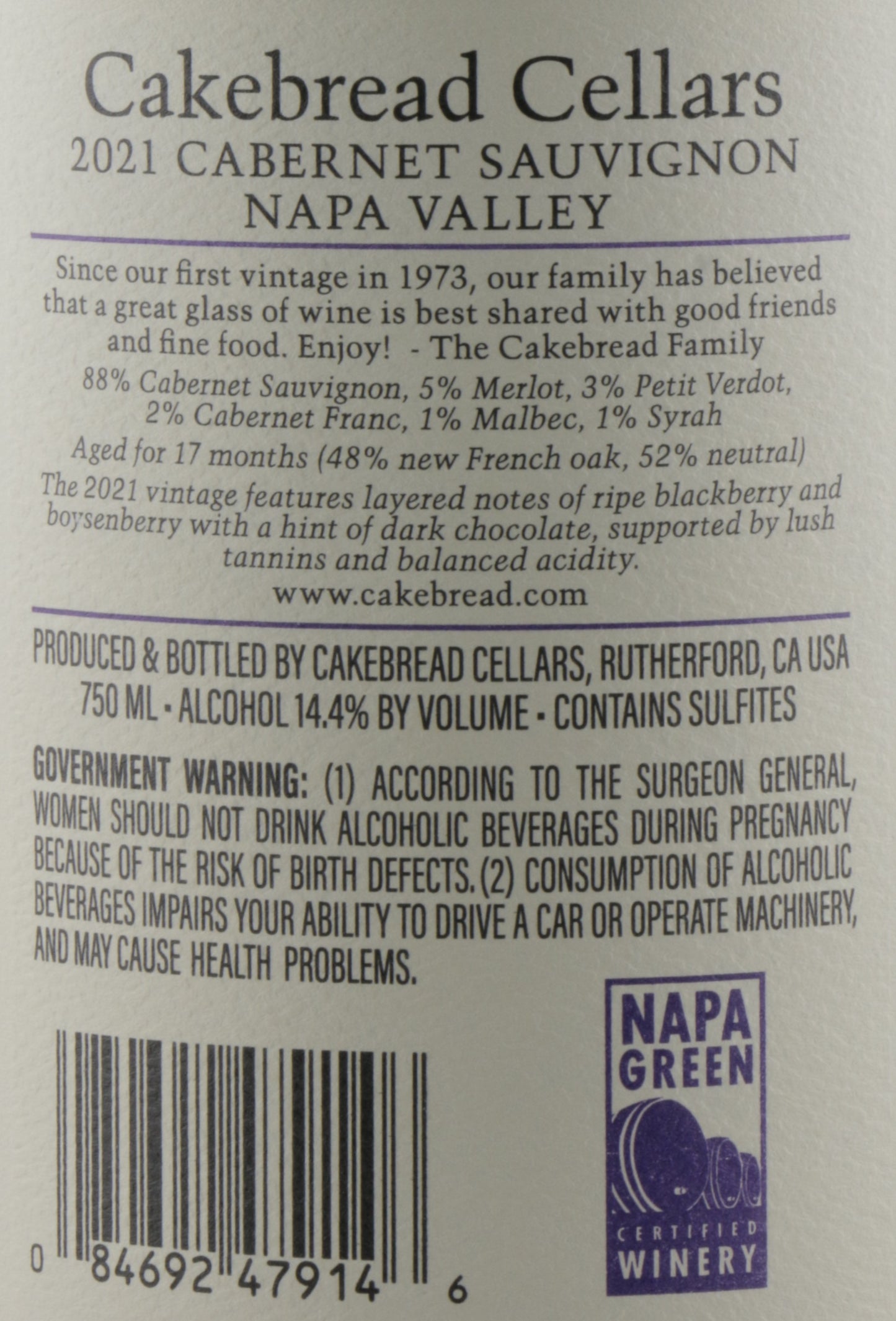 Cakebread Cellars Napa Valley Cabernet Sauvignon 2021 – Premium Napa Cabernet