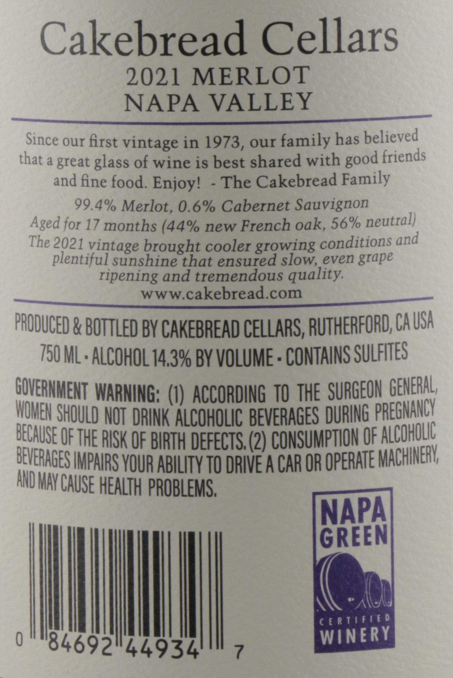 Cakebread Cellars Merlot 2021 – Napa Valley Elegance in a Glass