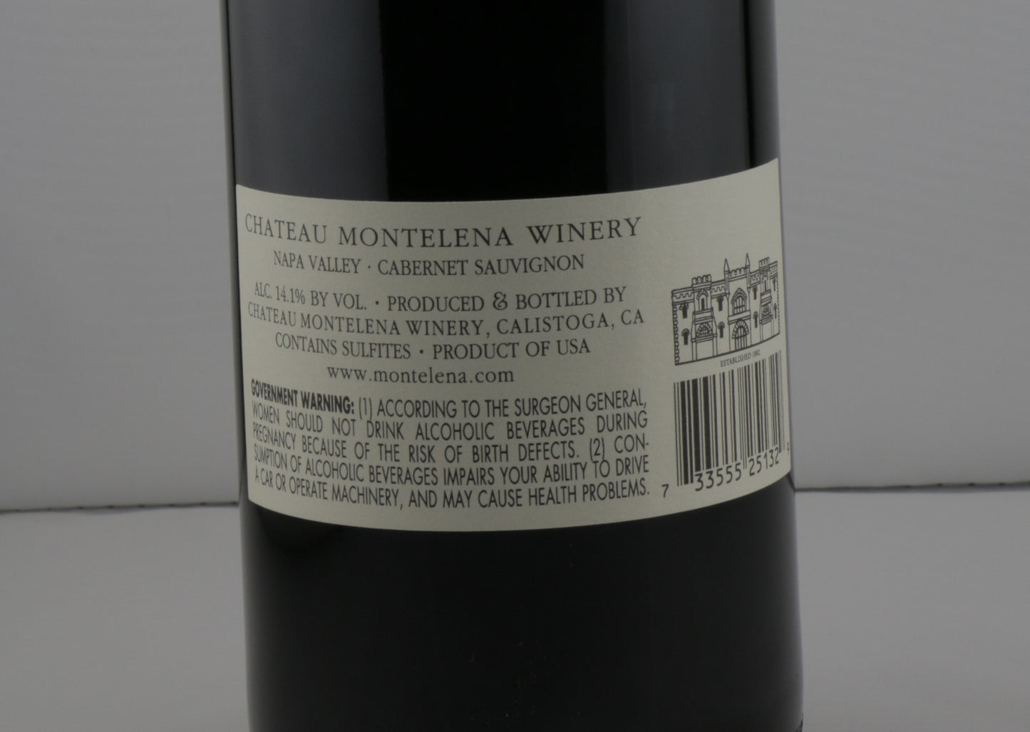 Wine bottle label from Chateau Montelena Winery Back label details 2021 Napa Cabernet