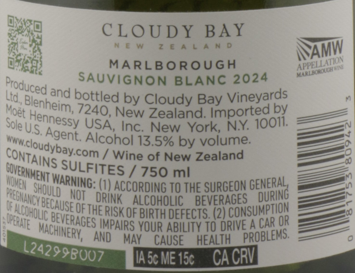 Cloudy Bay Sauvignon Blanc 2024 – Marlborough, New Zealand.