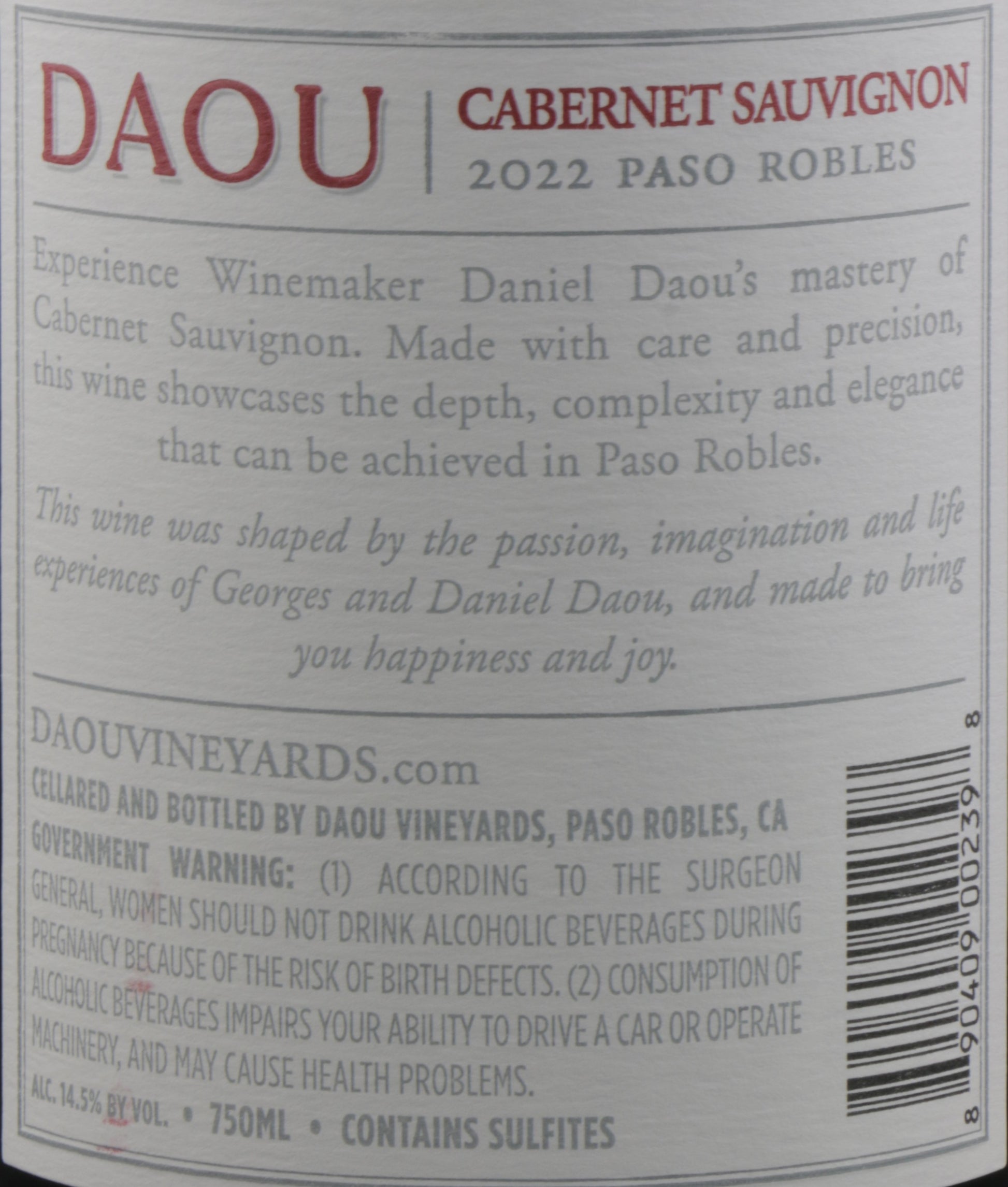 Daou Cabernet Sauvignon Paso Robles 2022- Limited Inventory!.