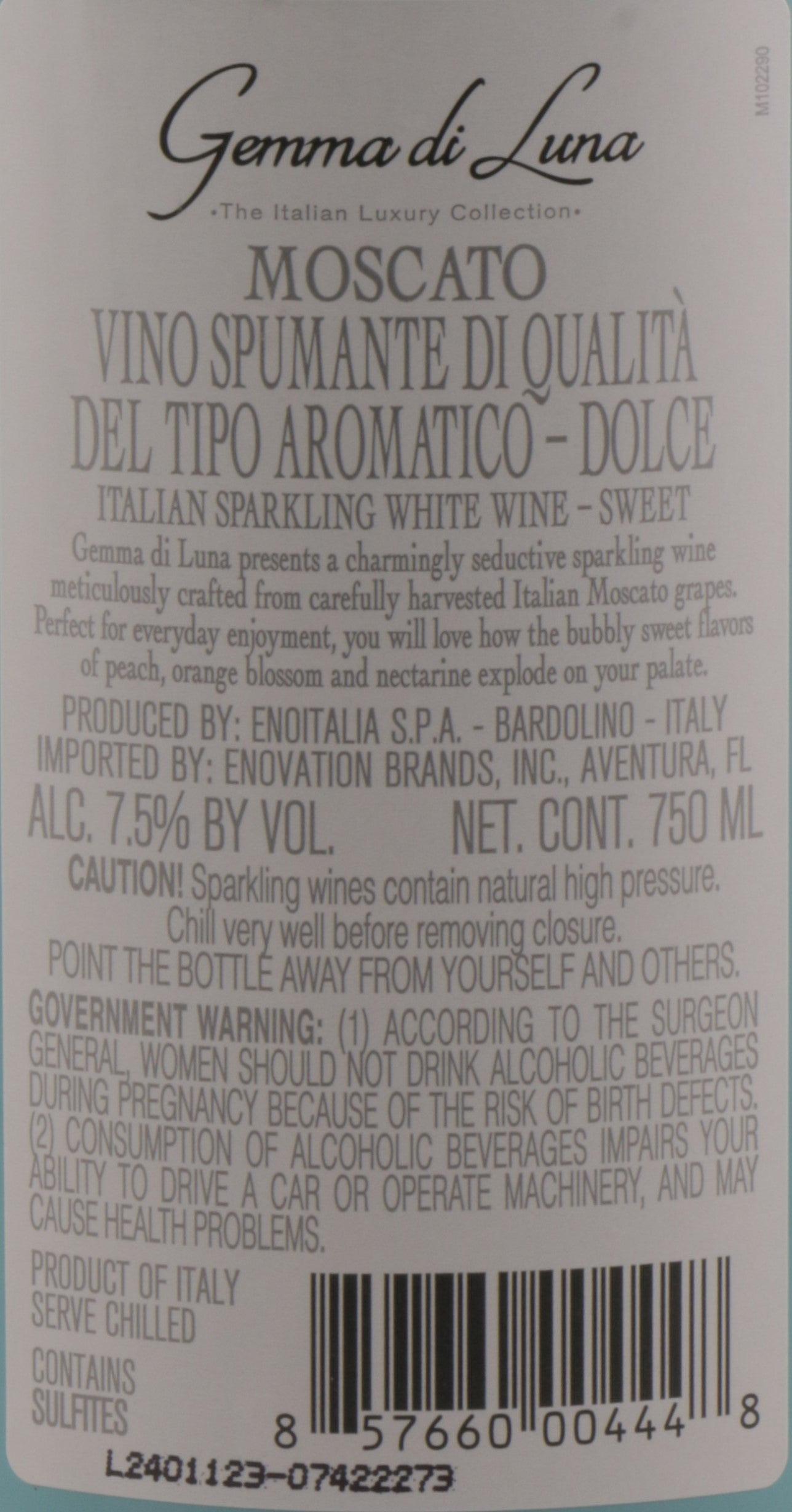 Gemma Moscato bottle showcasing a refreshing Moscato wine, perfect for elegant gatherings and wine enthusiasts.
