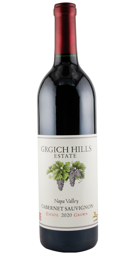 Bottle of Grgich Hills Estate Cabernet Sauvignon wine on a white background