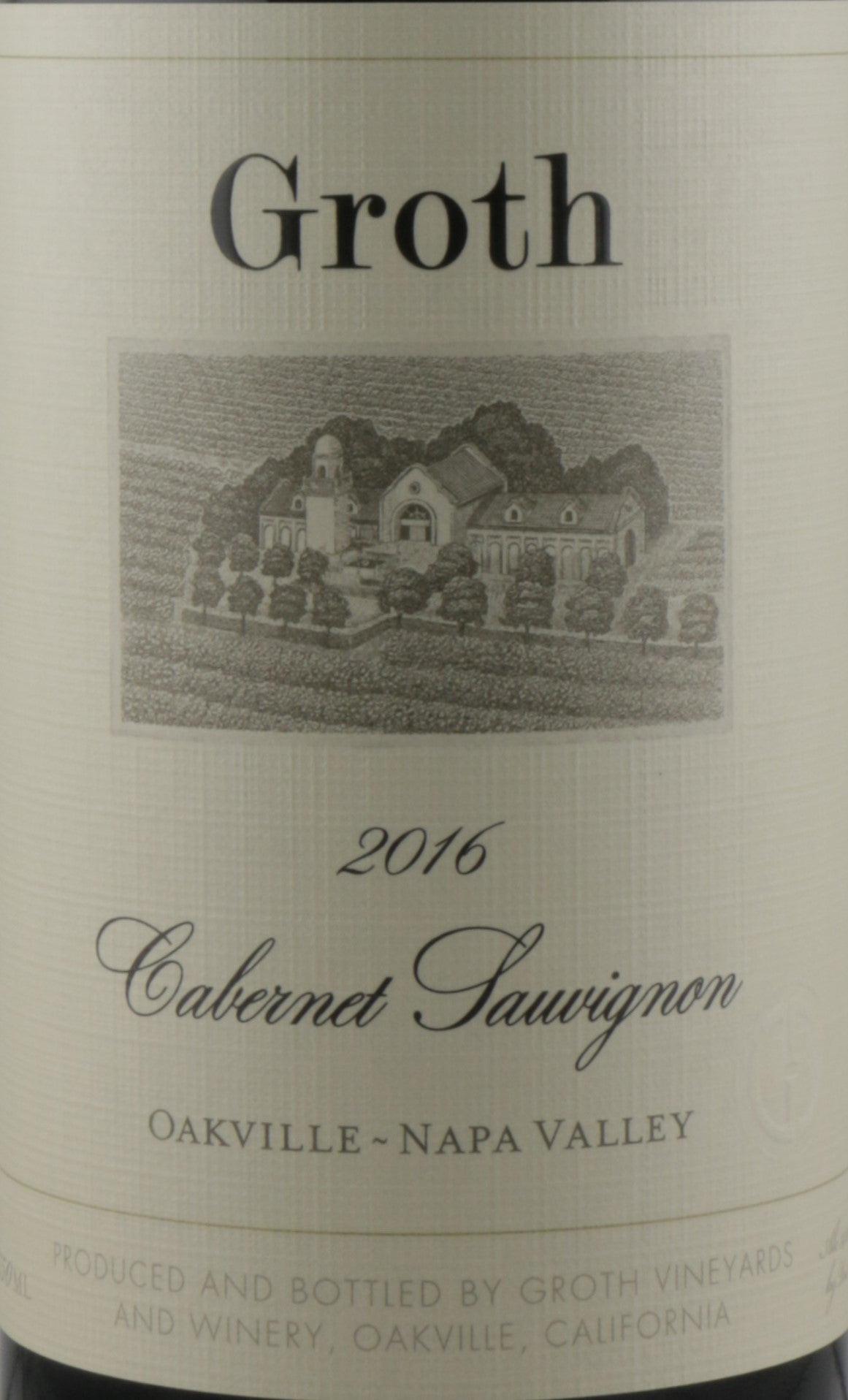 Bottle of Groth Oakville Cabernet Sauvignon, Napa red wine with rich Cabernet Sauvignon flavors