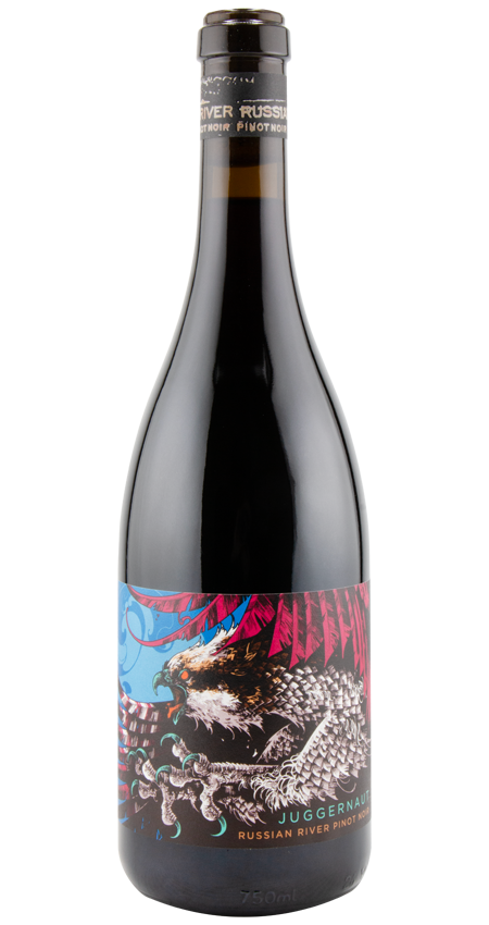 Wine bottle with colorful label on a white background