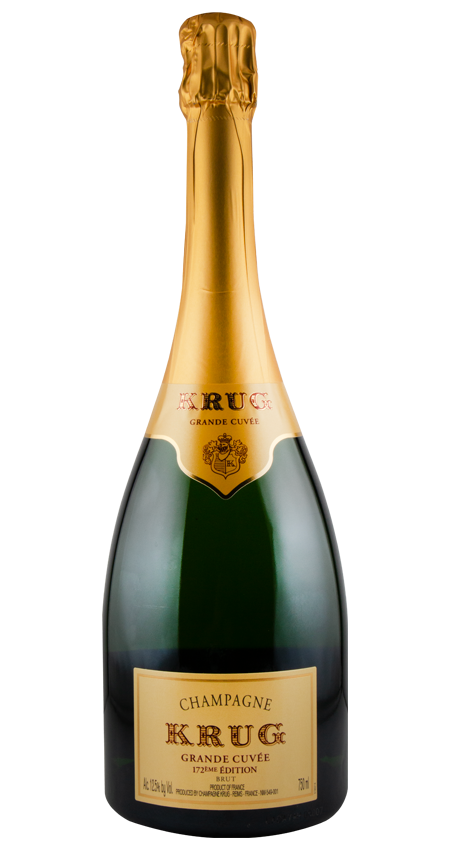 Bottle of Krug Grande Cève champagne on a white background