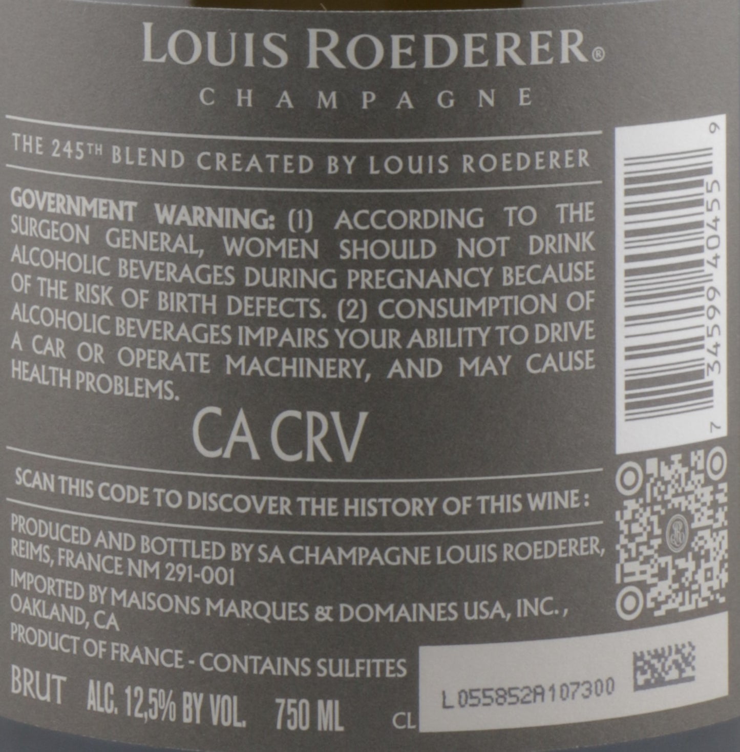 Louis Roederer Champagne label with government warning and product details on the back label