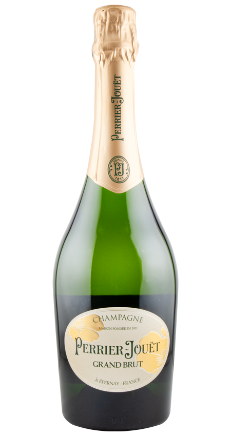 Perrier-Jouët Grand Brut Champagne bottle – elegant green glass with gold-etched floral label and cream foil, premium French sparkling wine.