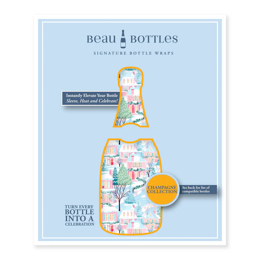 Beau Bottles bottle wraps packaging with illustrated bottle designs on a light blue background