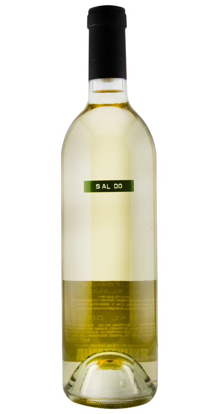Bottle of white wine with a green label on a white background