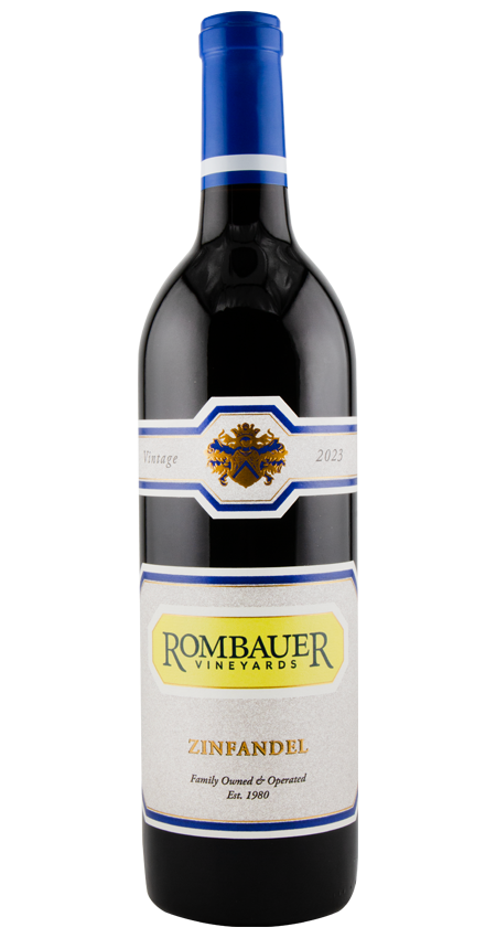 Bottle of Rombauer Zinfandel with white and yellow label