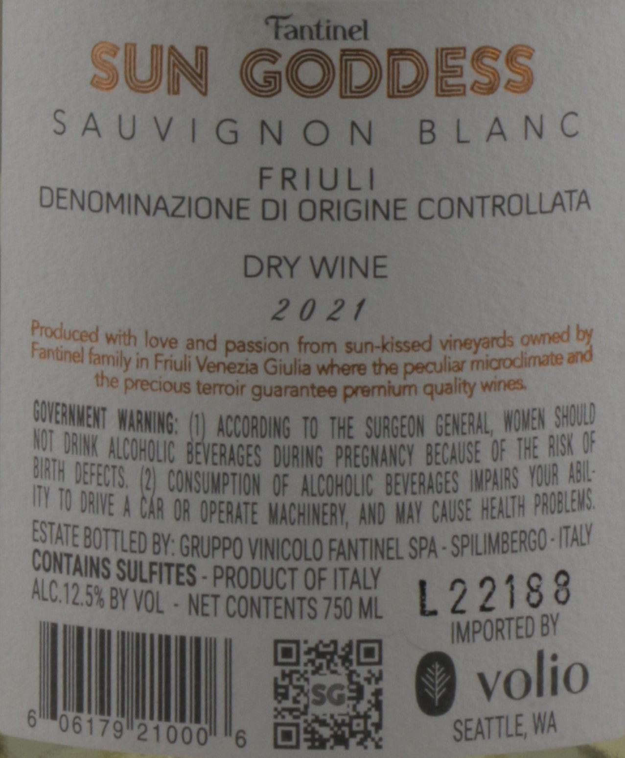 Sun Goddess label on a chilled bottle of Italian Sauvignon Blanc wine, perfect for summer gatherings.