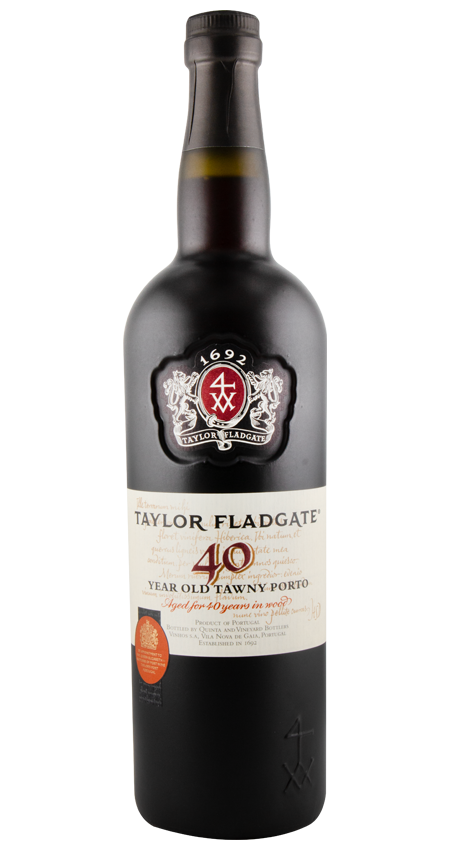 Taylor Fladgate 40 Year Old Tawny Port wine bottle on a white background
