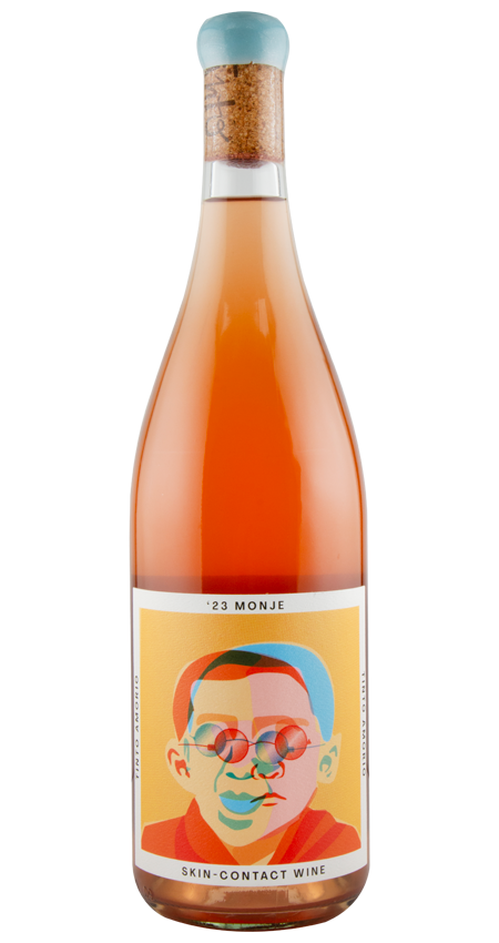 Wine bottle with a colorful label featuring a face design on a white background
