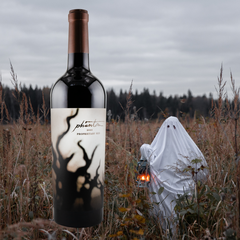 Spooky Ghost walking in a field searching for a wine bottle