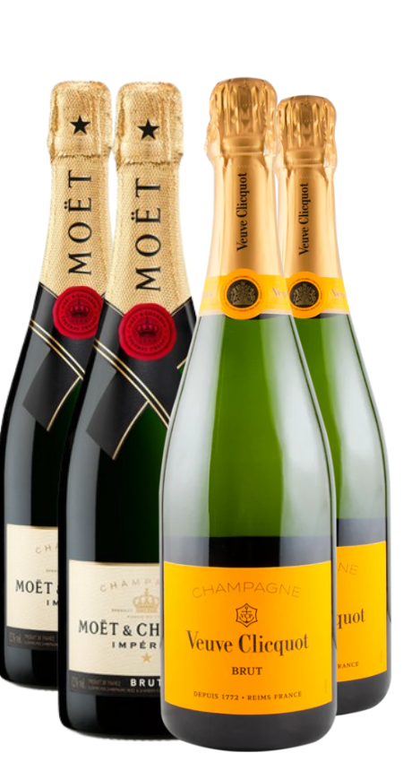 Holiday Champagne gift set featuring Veuve Clicquot and Moet, luxury 4 bottle collection for festive celebrations