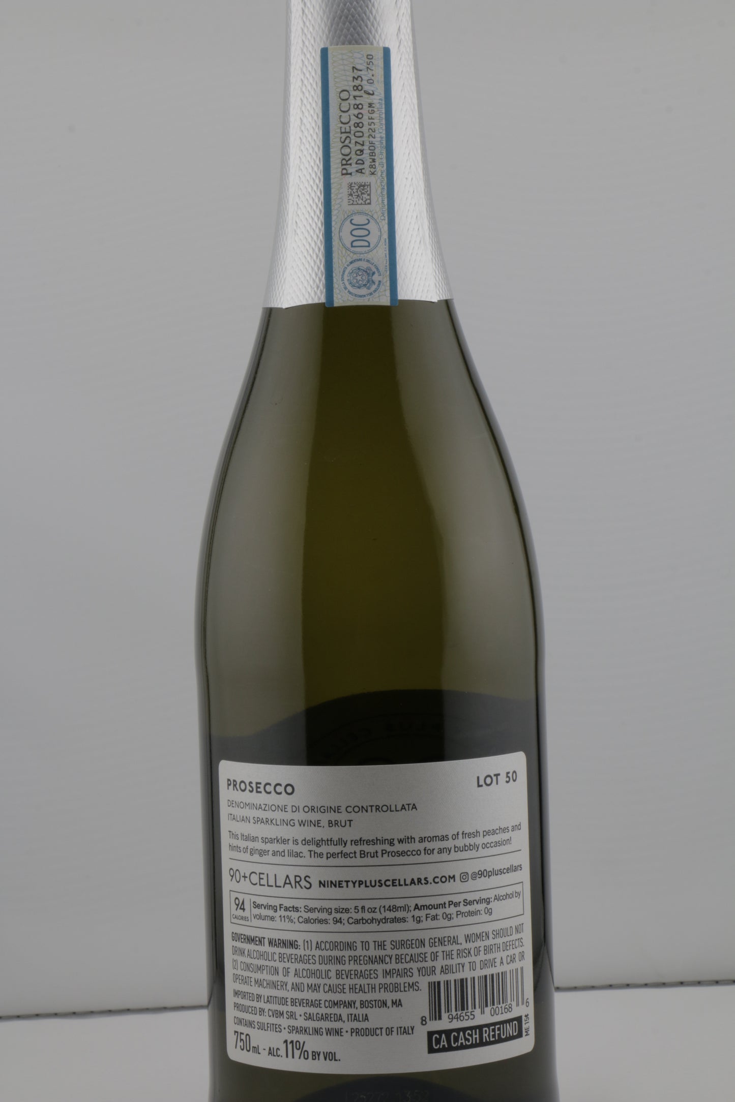 Back label of 90+ Cellars Prosecco Brut Lot 50 N/V