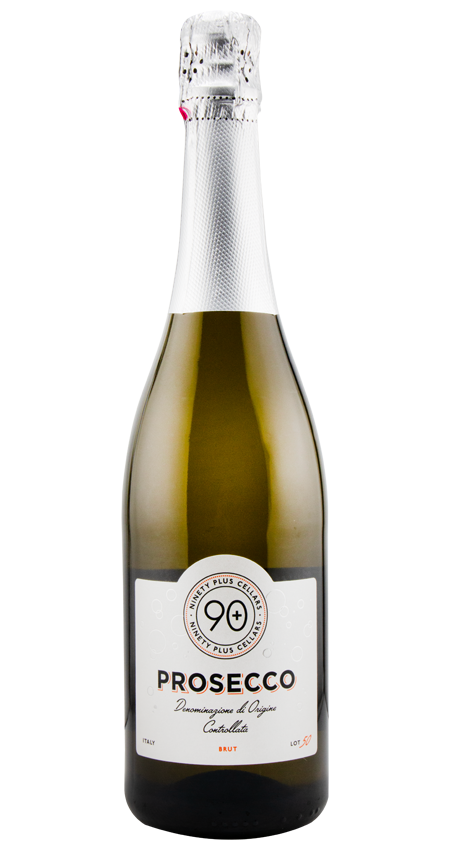 Bottle of Prosecco with a white label on a white background