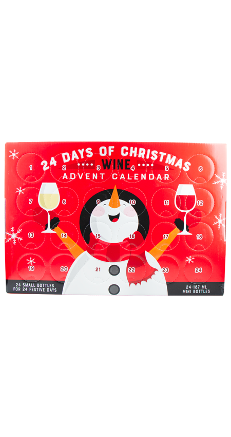 Advent calendar with snowman design and '24 Days of Christmas Wine' text on a white background