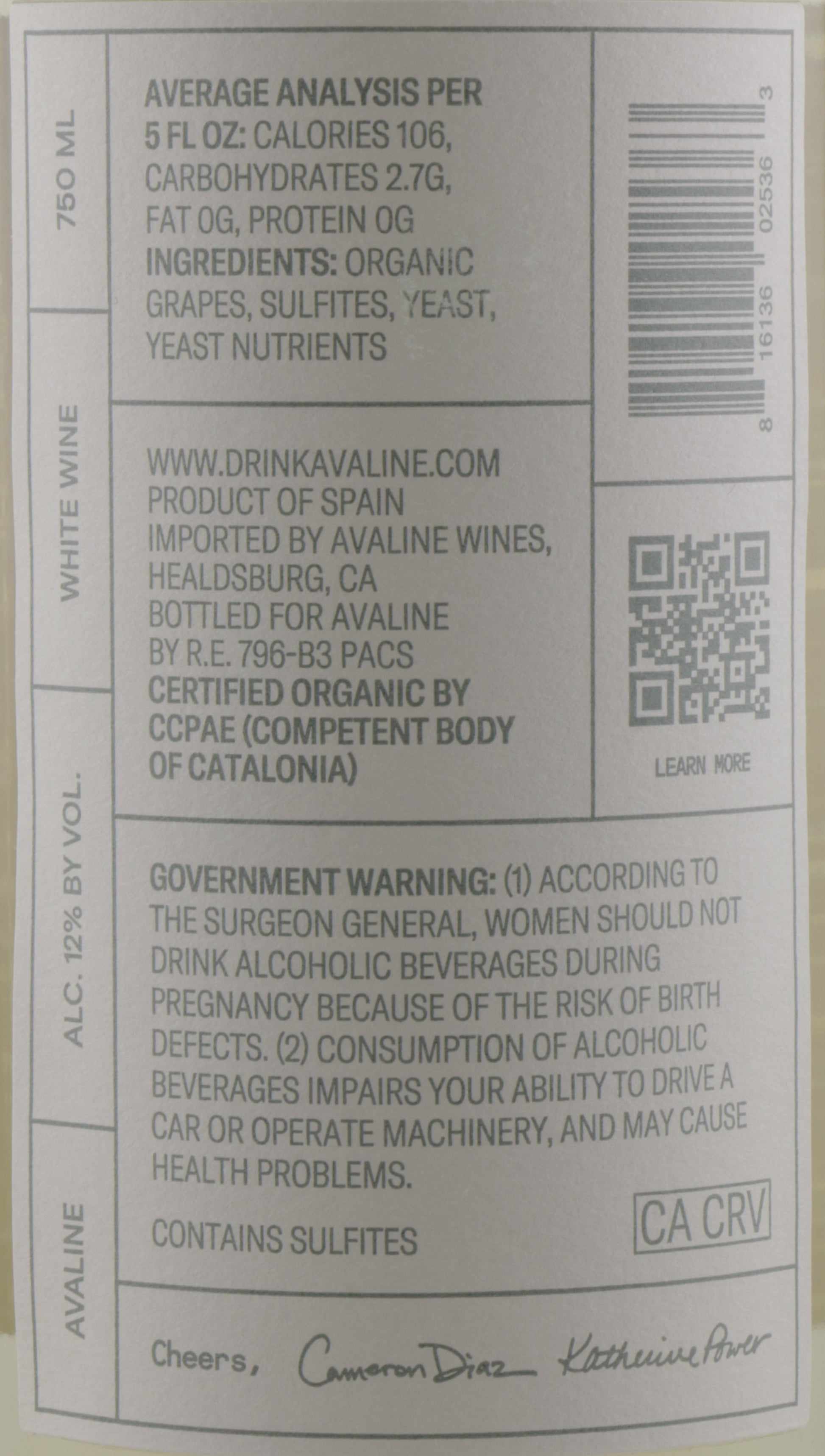 Alcoholic beverage label with text and a QR code on a white background
