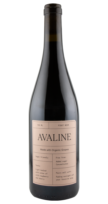 Wine bottle with 'Avaline' label on a white background