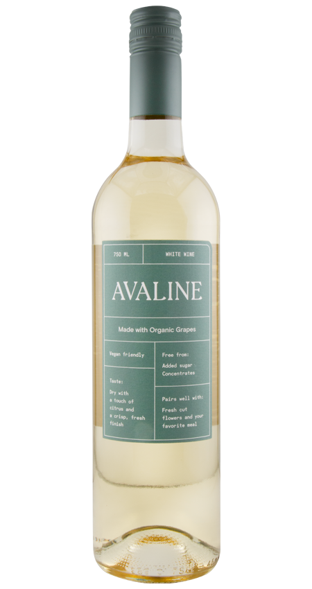A bottle of Avaline White Blend 2022 wine with label visible showing the brand name and organic certification.