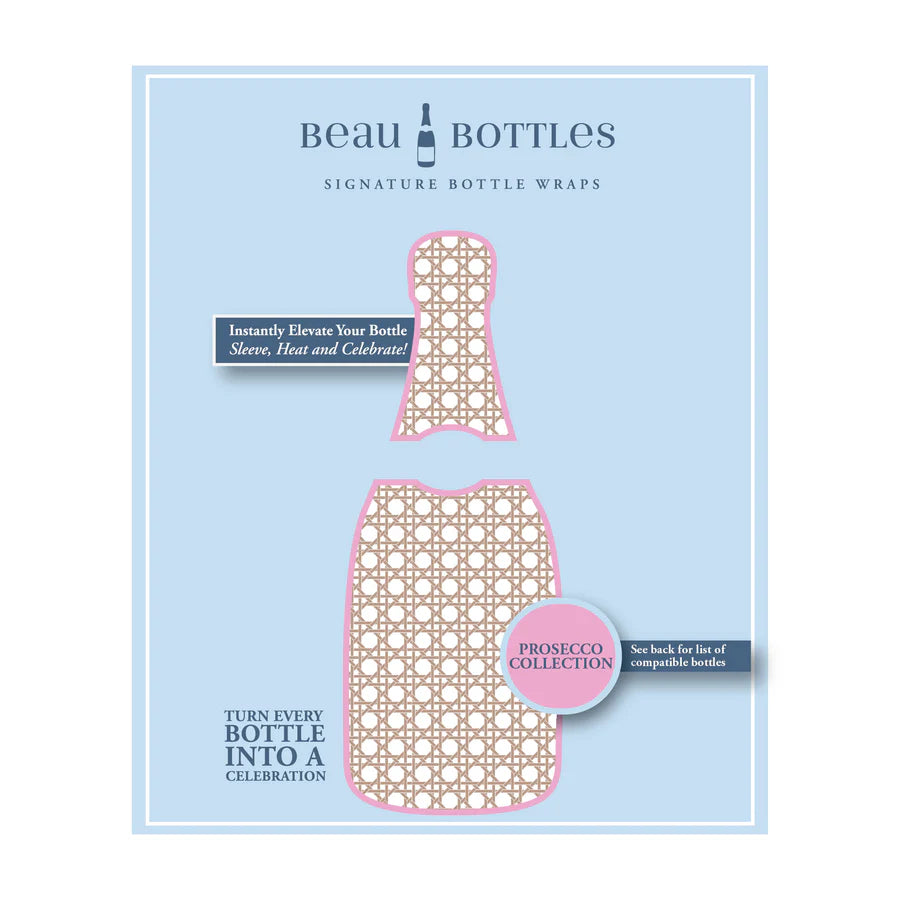 Beau Bottles bottle wraps packaging with two designs on a light blue background