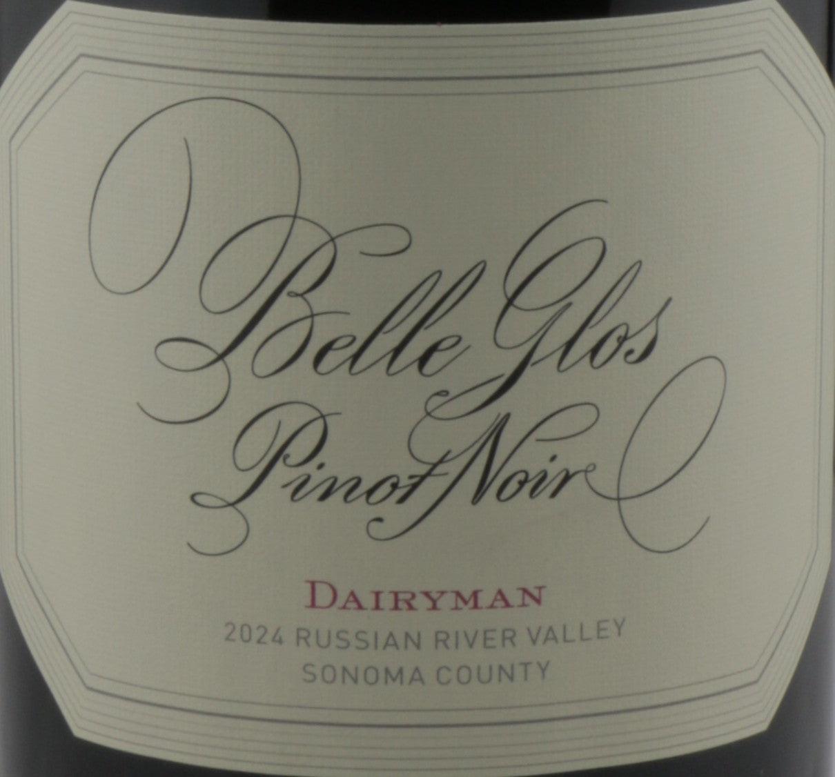 Bottle of Belle Glos Pinot Noir with a label on a dark background