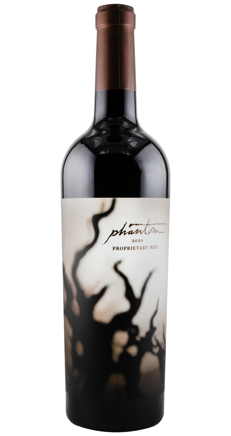 Wine bottle with a spooky tree  label on a white background