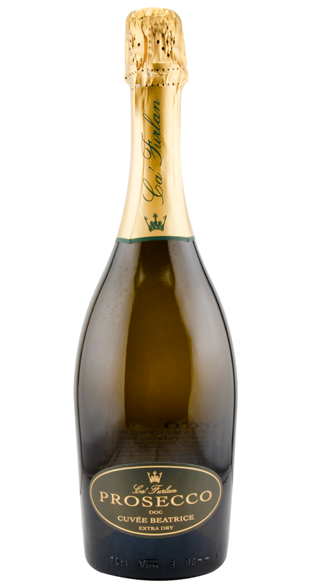 Prosecco with a green and gold label and crown logo
