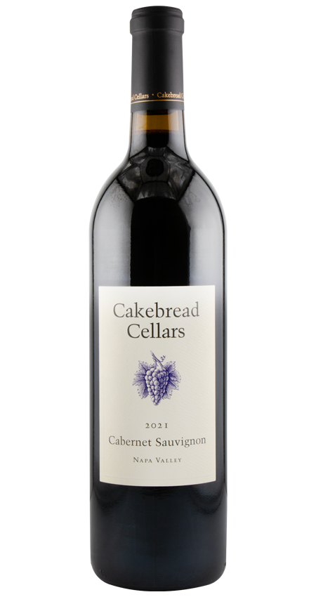 A bottle of Cakebread Cellars Napa Valley Cabernet Sauvignon 2021 wine with a white label and a purple logo.
