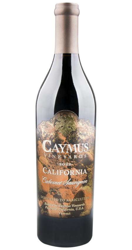 A bottle of Caymus California Cabernet Sauvignon 2022 wine with a camouflage label.