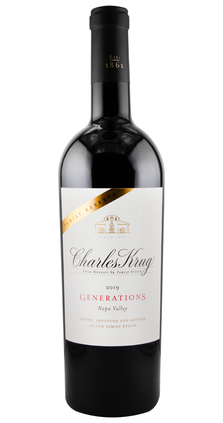 Red wine bottle with Charles Krug label on a white background