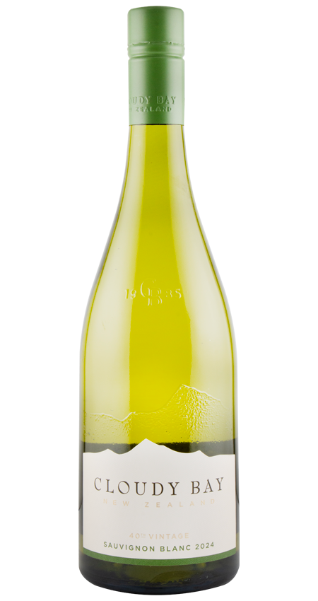 A bottle of Cloudy Bay Sauvignon Blanc Marlborough New Zealand 2024 with a green label and a clear appearance.