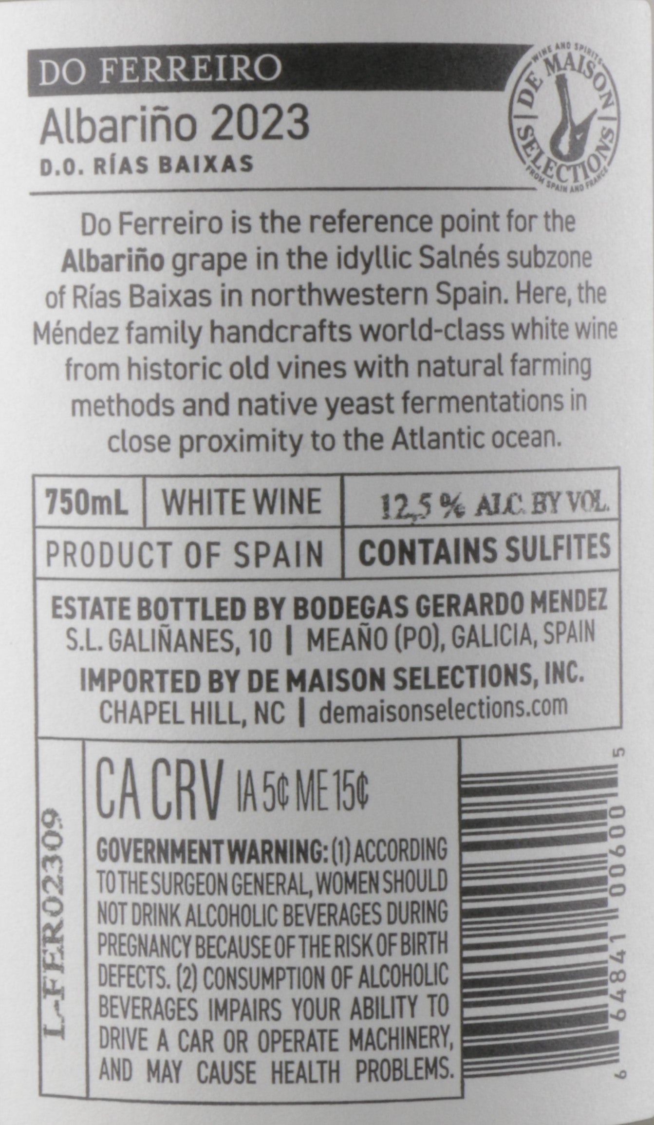 Wine label for Do Ferreiro Albaránio 2023 with text and branding details.
