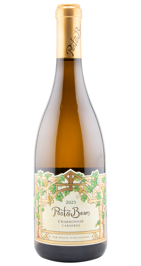A bottle of Far Niente Post & Beam Napa Valley Chardonnay 2023 with a white label and gold accents.