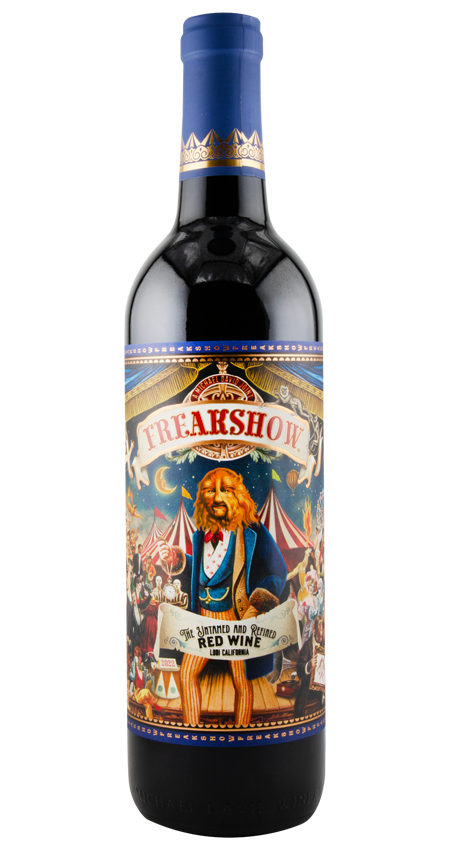 Wine bottle with a colorful label featuring a circus-themed design on a white background