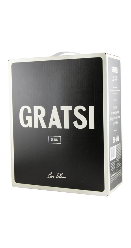 Gratsi wine box with black label and white text on a white background