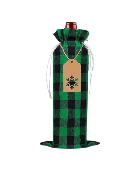 Green Buffalo Plaid Wine Gift Bag w/ Drawstring