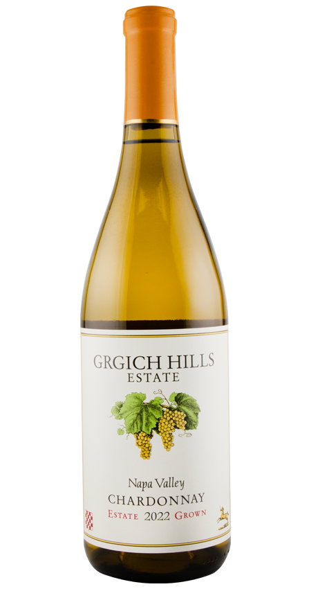 Wine bottle of Grgich Hills Estate Chardonnay on a white background